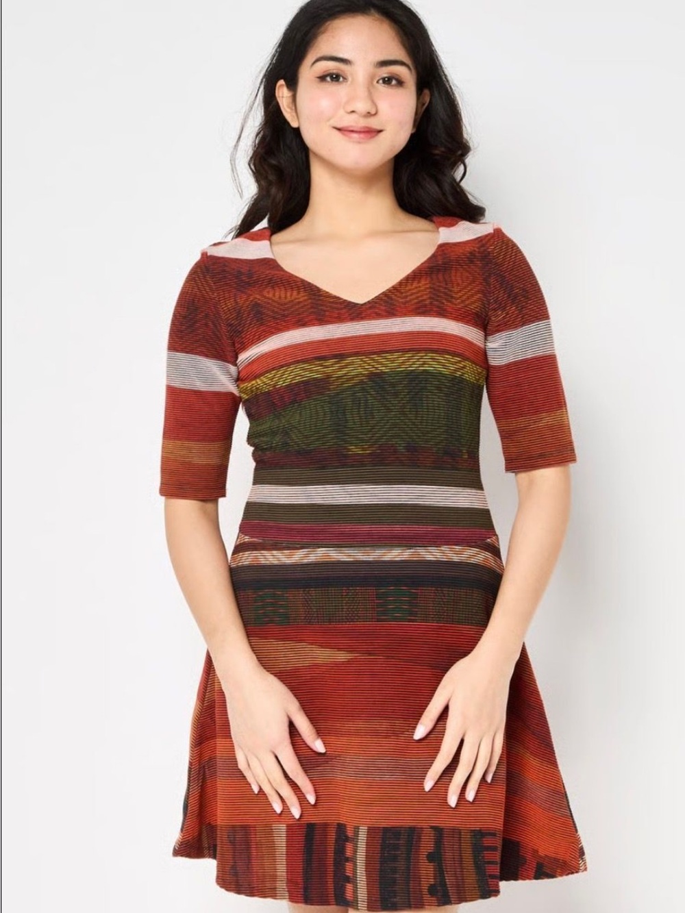 🔥 Desigual Striped Skater Dress | Size L | V-Neck | Earthy Boho